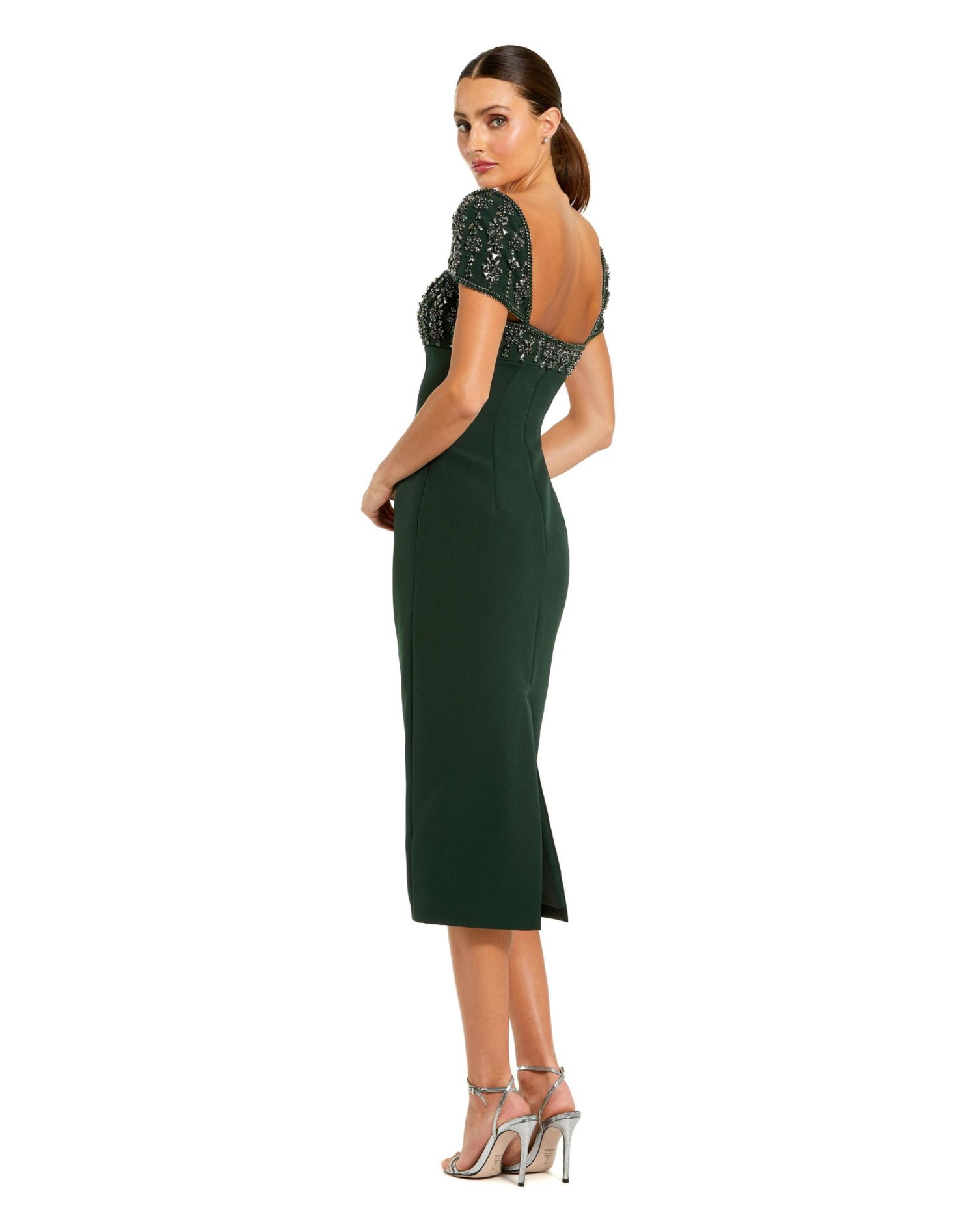 Women's Crepe Embellished Cap Sleeve Fitted Midi Dress