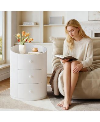 White Round Nightstand, Wood Bed Side Table with 3 Drawers, Fully Assembled