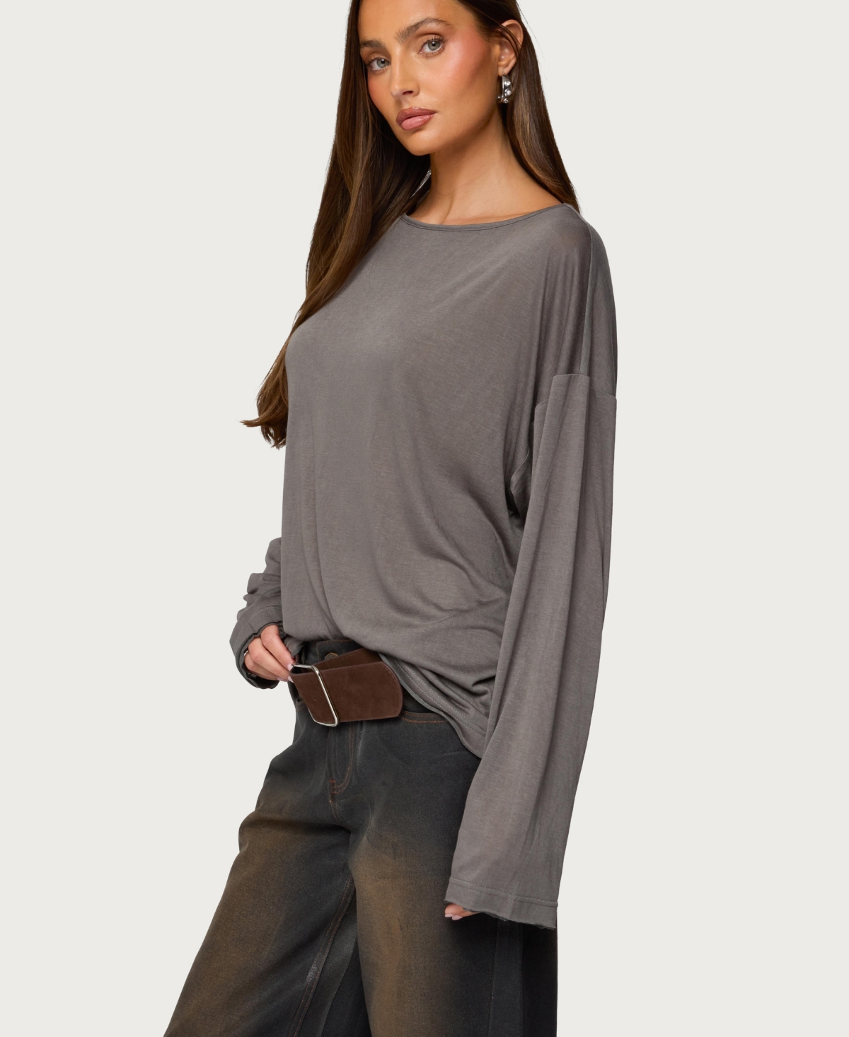 Edikted Women's Oversized Semi Sheer Long Sleeve T Shirt