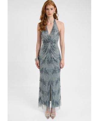 Women's Embellished Sequin Beaded Maxi Dress With Knot Design