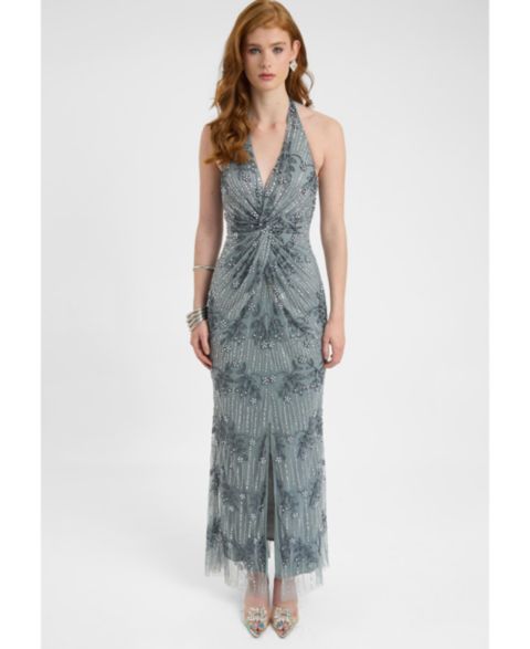 Женское платье BEAUUT Embellished Sequin Beaded Maxi Dress With Knot Design, цвет: Серый