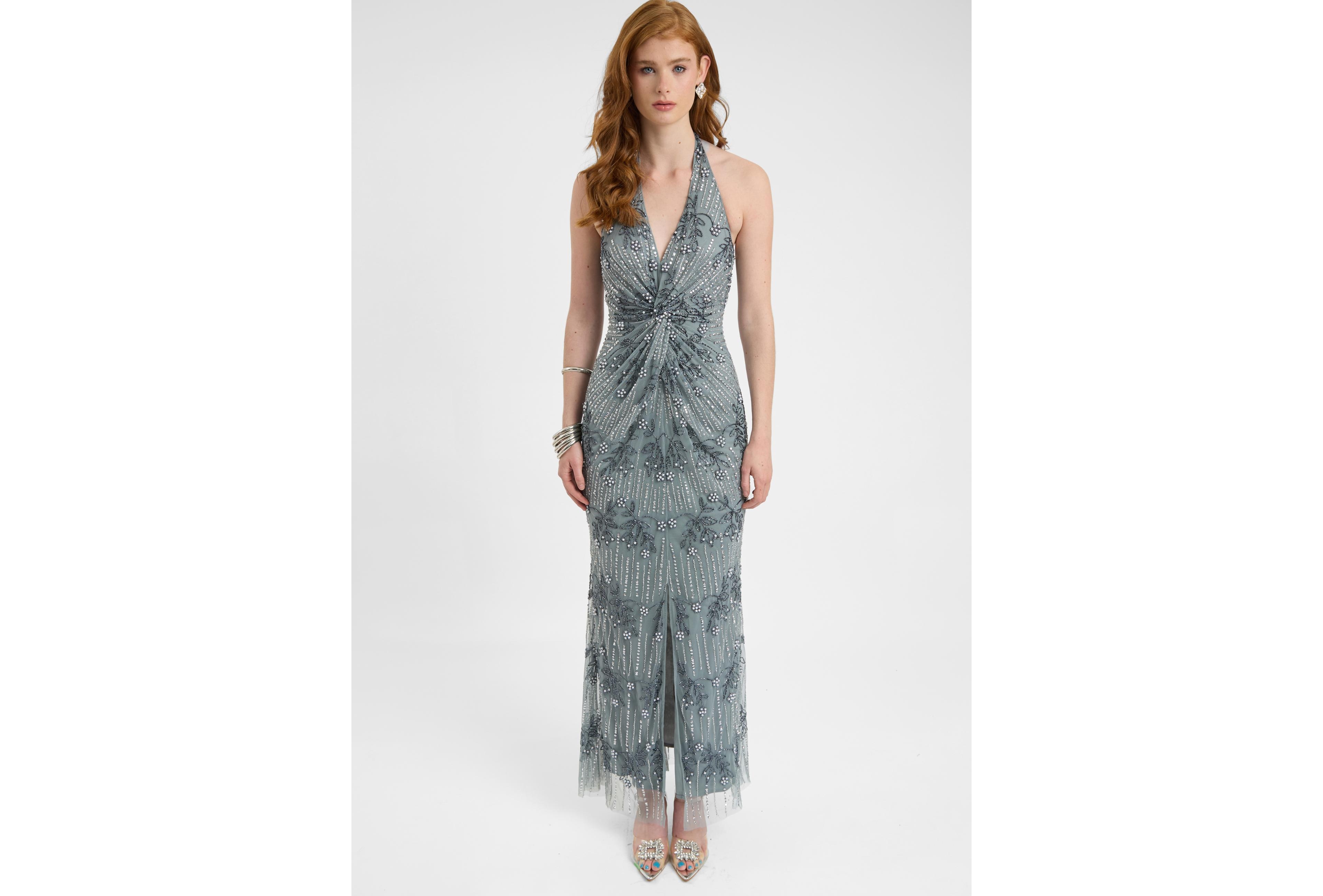 Beauut Women's Embellished Sequin Beaded Maxi Dress With Knot Design