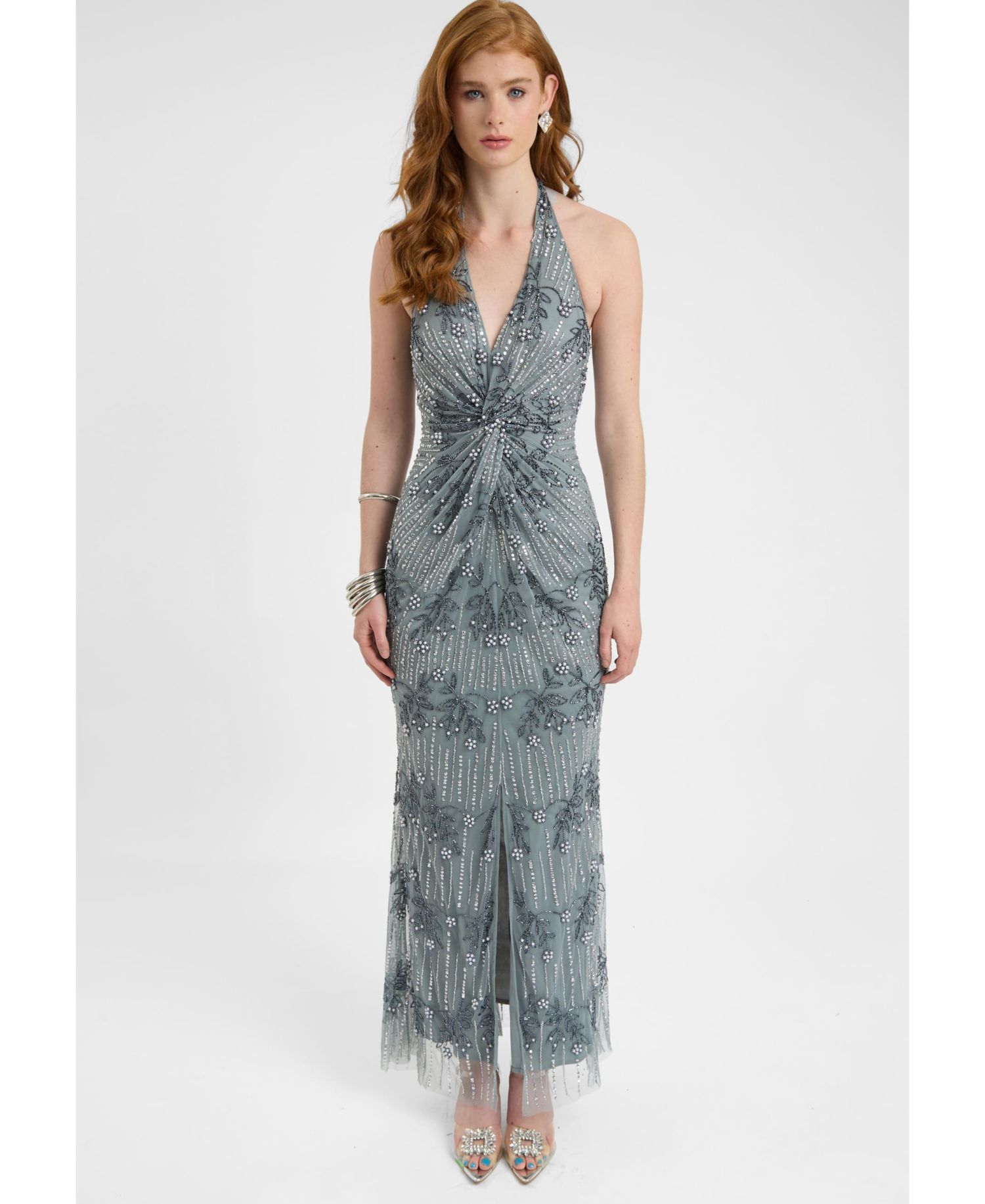 Women's Embellished Sequin Beaded Maxi Dress With Knot Design