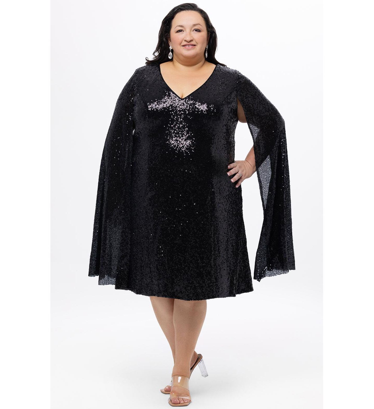 Женское платье Celebrations by Sydney's Closet Sequin V-Neck Cape Sleeve Party, цвет: Чёрный — фото 1