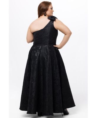 Women's One Shoulder Brocade Plus Size Formal Dress with Bow