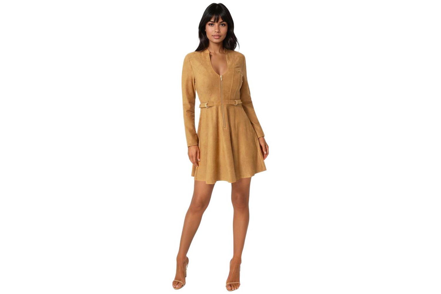 Women's Fit and Flare Long Sleeve Suede Mini Dress