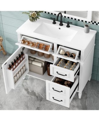 Bathroom Vanity with Ceramic Sink Solid Wood Frame and Flip Drawer