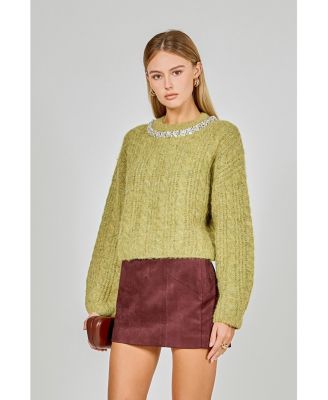 Women's Jewel Embroidered Fuzzy Cable Knit Chunky Sweater