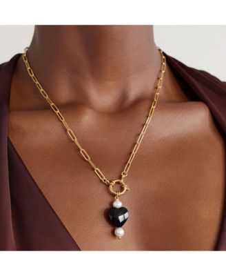 Gold Paperclip Chain Necklace with Black Heart and Freshwater Pearl Pendant