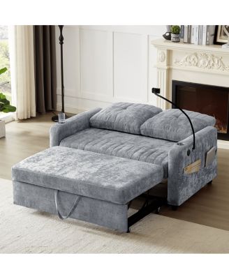 53.9" Chenille Pull-Out Sleeper Sofa with Adjustable Backrest, USB Ports, Cup Holders & Side Storage