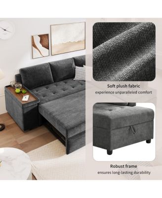 91.5" L-Shaped Sleeper Sofa with Pull-Out Bed, Chaise Storage, Tray Armrest & Side Pockets for Apartment or Living Room