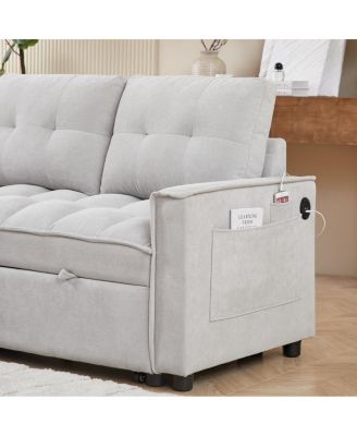 3-Seat Chenille Pull-Out Sofa Bed with Reclining Chaise, USB & Type-C Ports and Side Storage Pocket for Living Room or Office