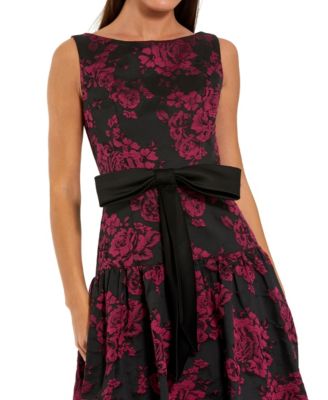 Women's Satin Bow Brocade Drop Waist Midi Dress