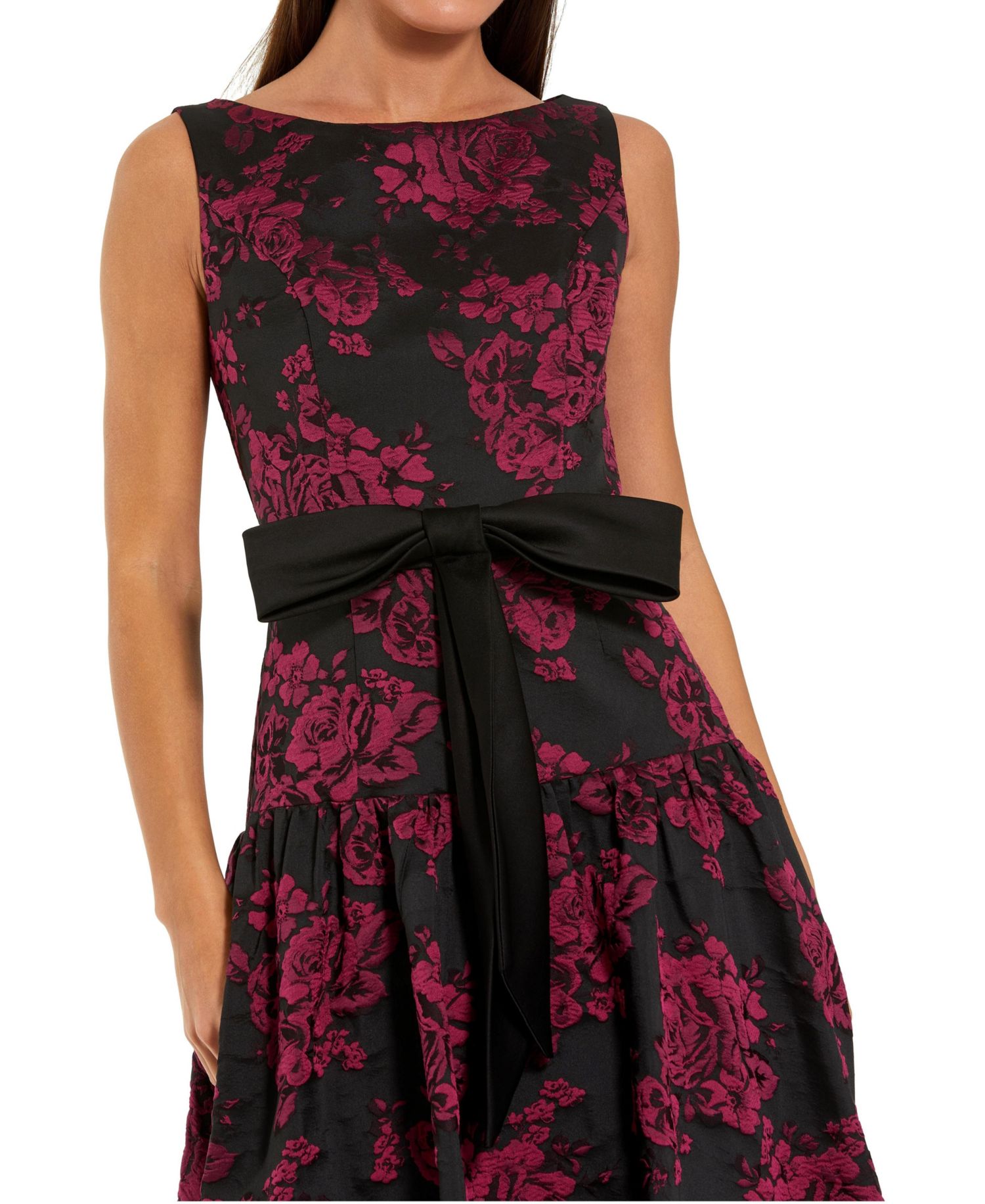 Women's Satin Bow Brocade Drop Waist Midi Dress