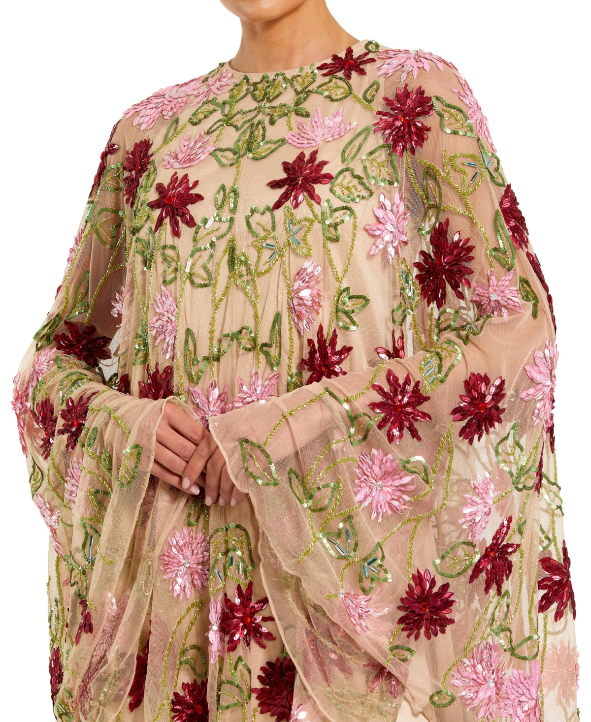 Mac Duggal Women's Floral Beaded Mesh Shawl Mini Dress