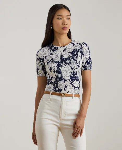 Petite Floral Print Crewneck Sweater - White/Navy