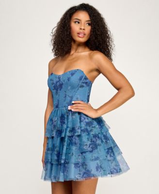 Juniors' Printed Glitter Strapless Dress