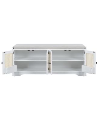 Rustic Storage Bench with Cushion and Rattan Doors (Brown+Beige