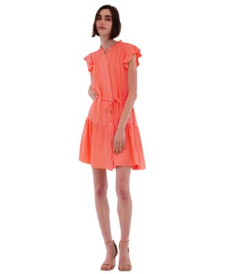 Women's High-Neck Tie-Wast Tiered Shirt Dress