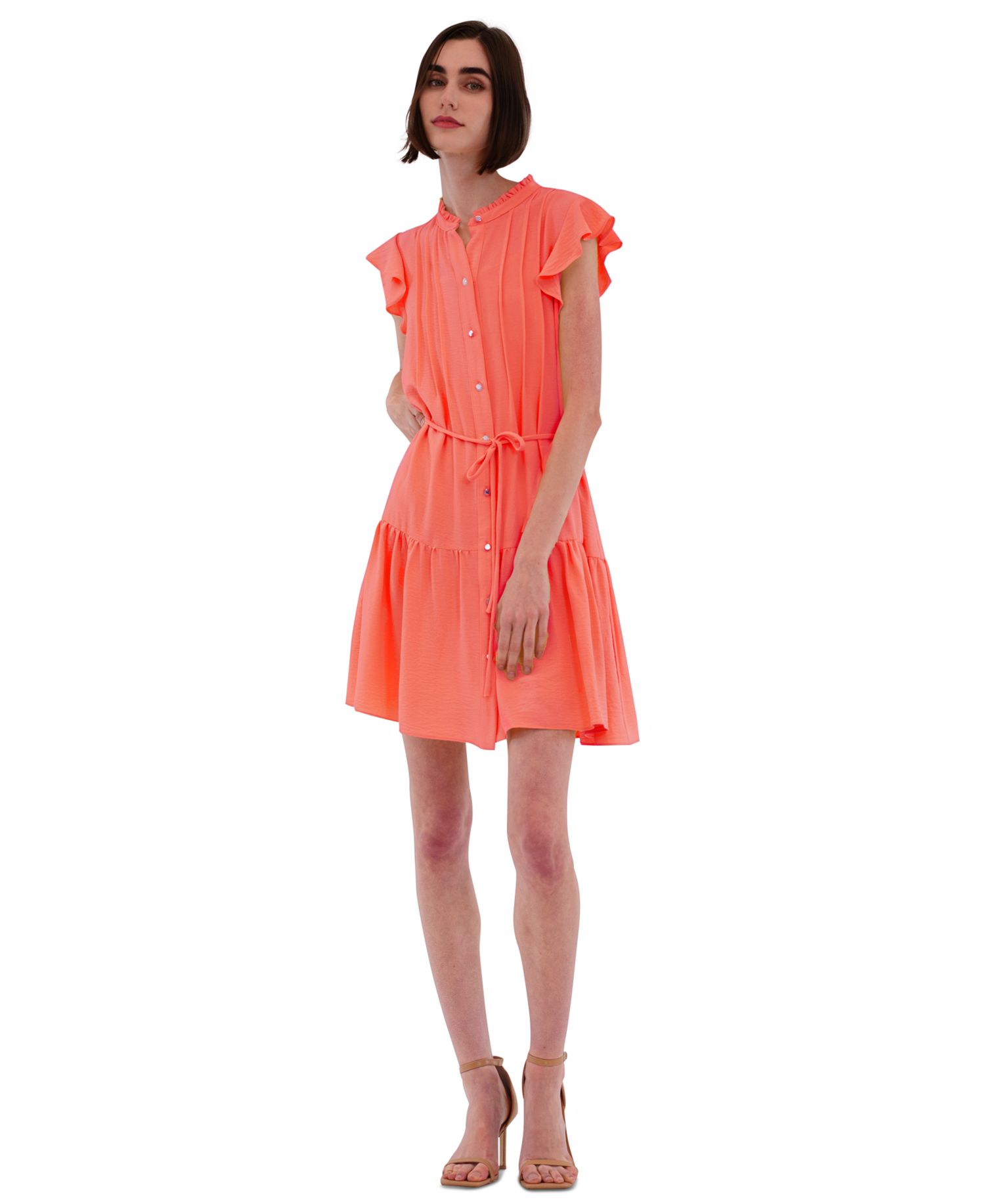 Women's High-Neck Tie-Wast Tiered Shirt Dress