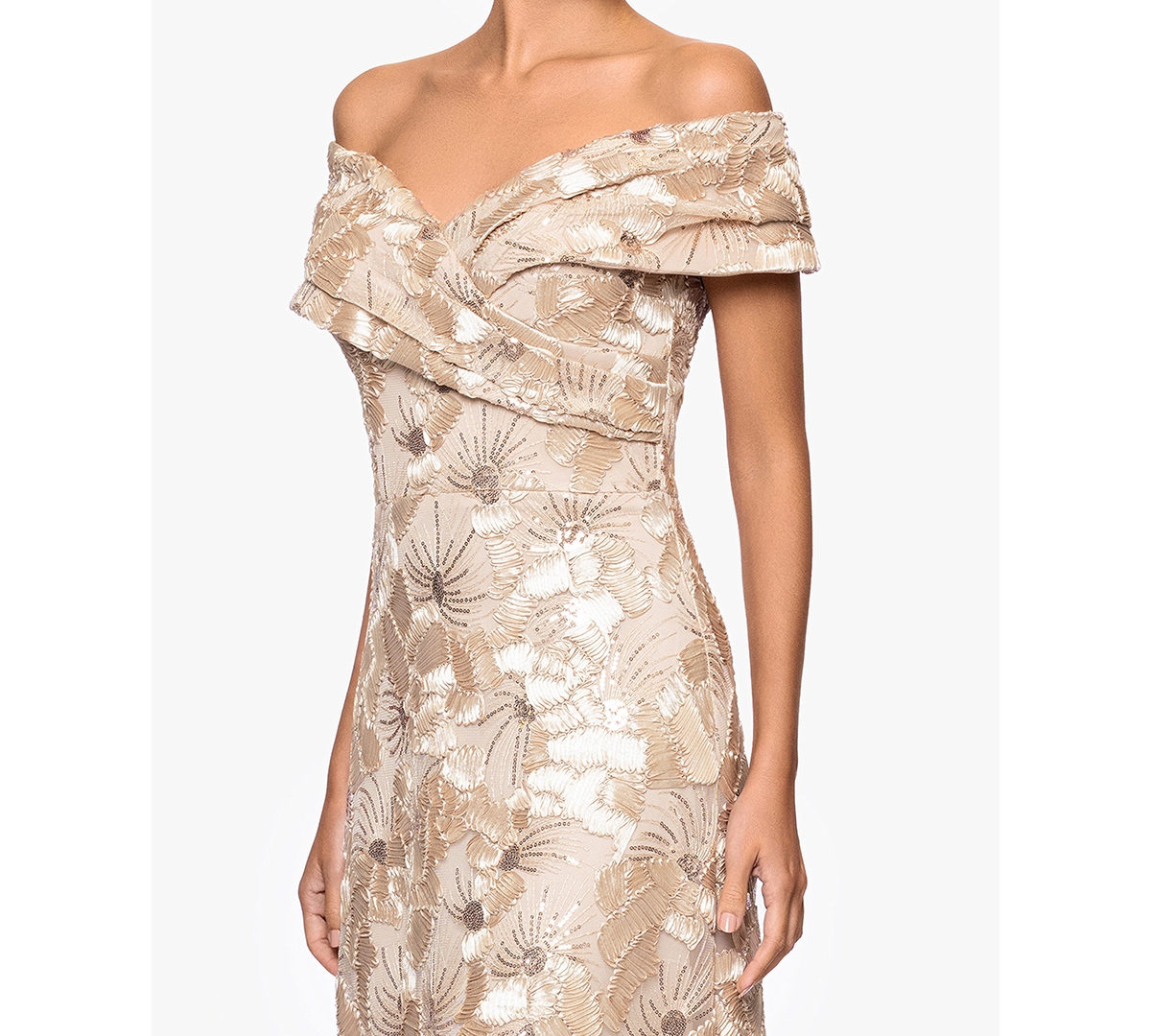 Betsy & Adam Petite Off-The-Shoulder A-Line Long Gown