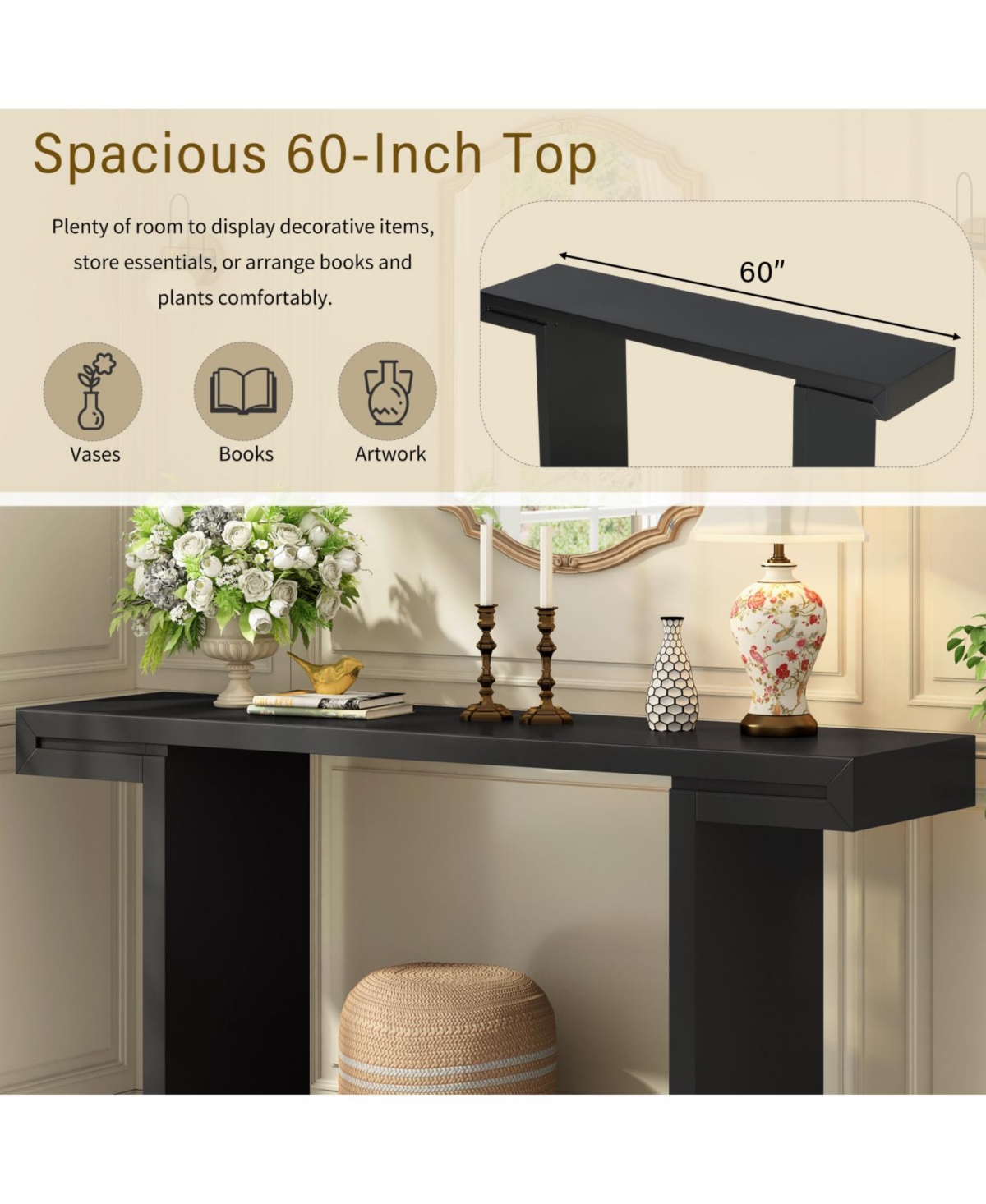 Streamdale Furniture Large 60-Inch Console Table with Geometric Design and Painted Finish