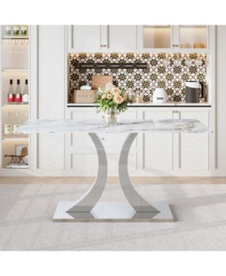 Streamdale Transformable Stainless Steel Dining Table - White Glass Top, 63"x35