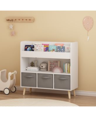 Streamdale Kids Bookshelf with 3 Fabric Bins - White & Gray