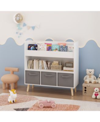 Streamdale Kids Bookshelf with 3 Fabric Bins - White & Gray