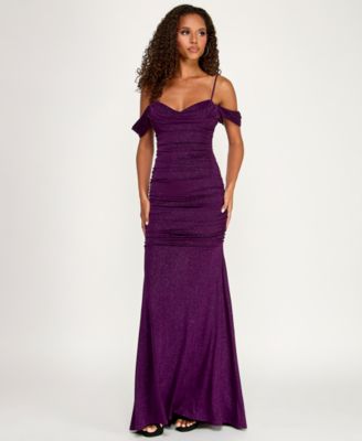 Juniors' Off-The-Shoulder Glitter Mermaid Gown