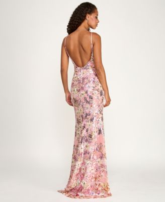 Juniors' Floral Sequin Scoop Neck Gown