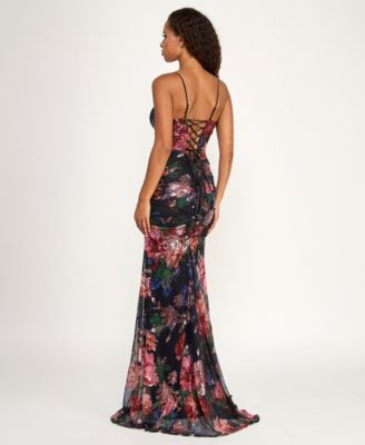 Juniors' Mesh Sequin Sweetheart Neck Gown