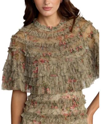 Women's Floral Ruffle Cape Midi Dress