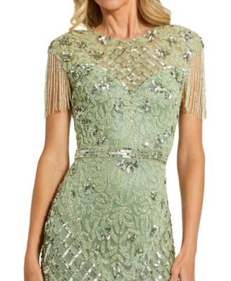 Women's High Neck Sleeveless Beaded Fringe Fitted Gown