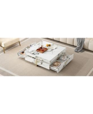Modern Marble Coffee Table with 4 Drawers, White, 43.3