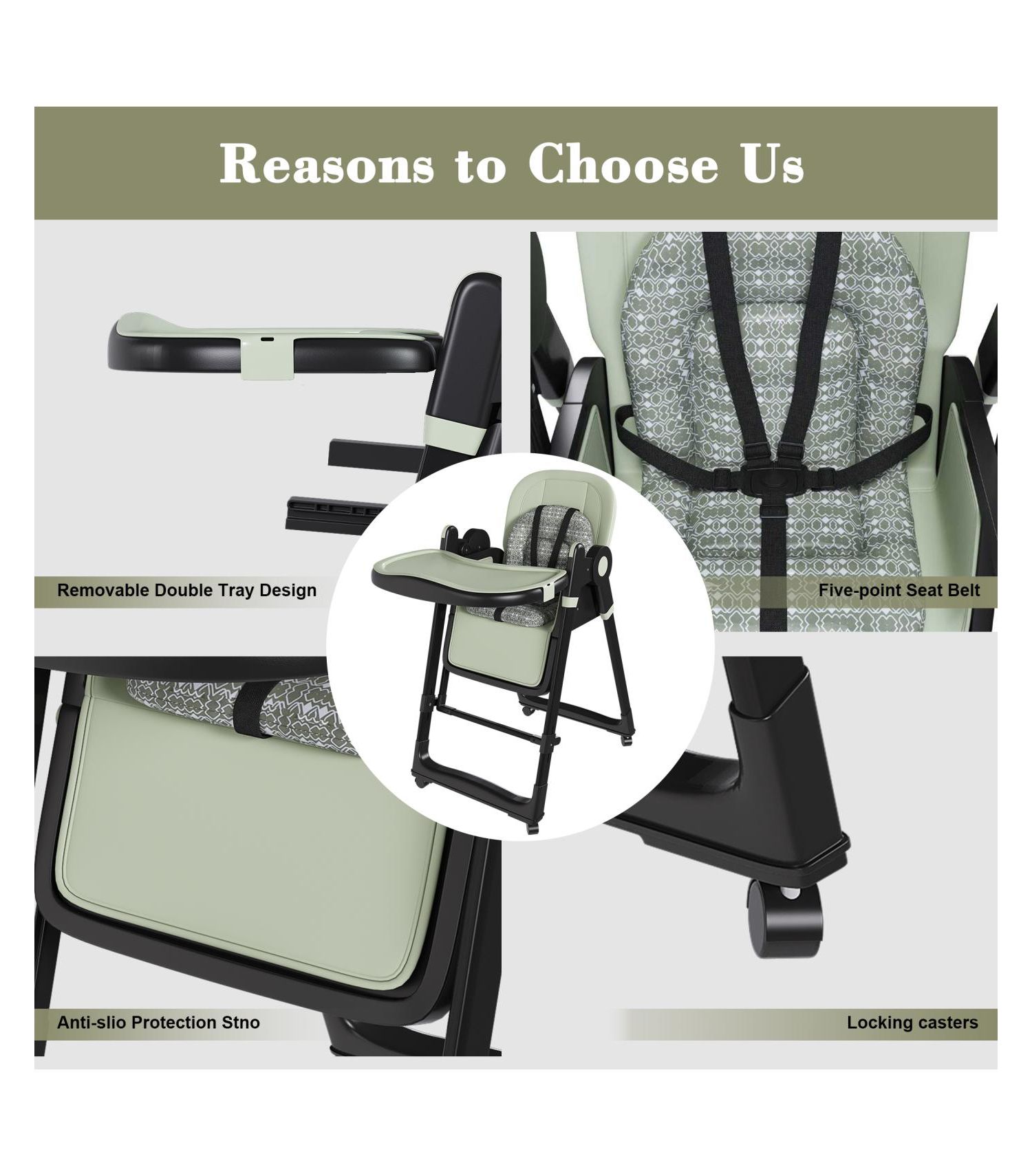 Convertible Baby High Chair to Rocker with 5-Point Harness (Dark Green