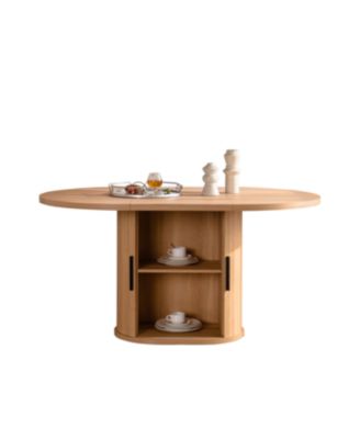  59 Inch Oval Dining Table for 4-6 with 2-Layer Storage Shelf and Wood Slide Door