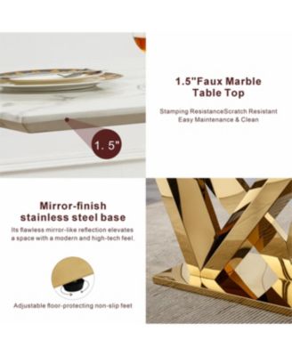  Marble Dining Table for 6, 70" Faux Marble Rectangle Table with Gold Stainless Steel Base