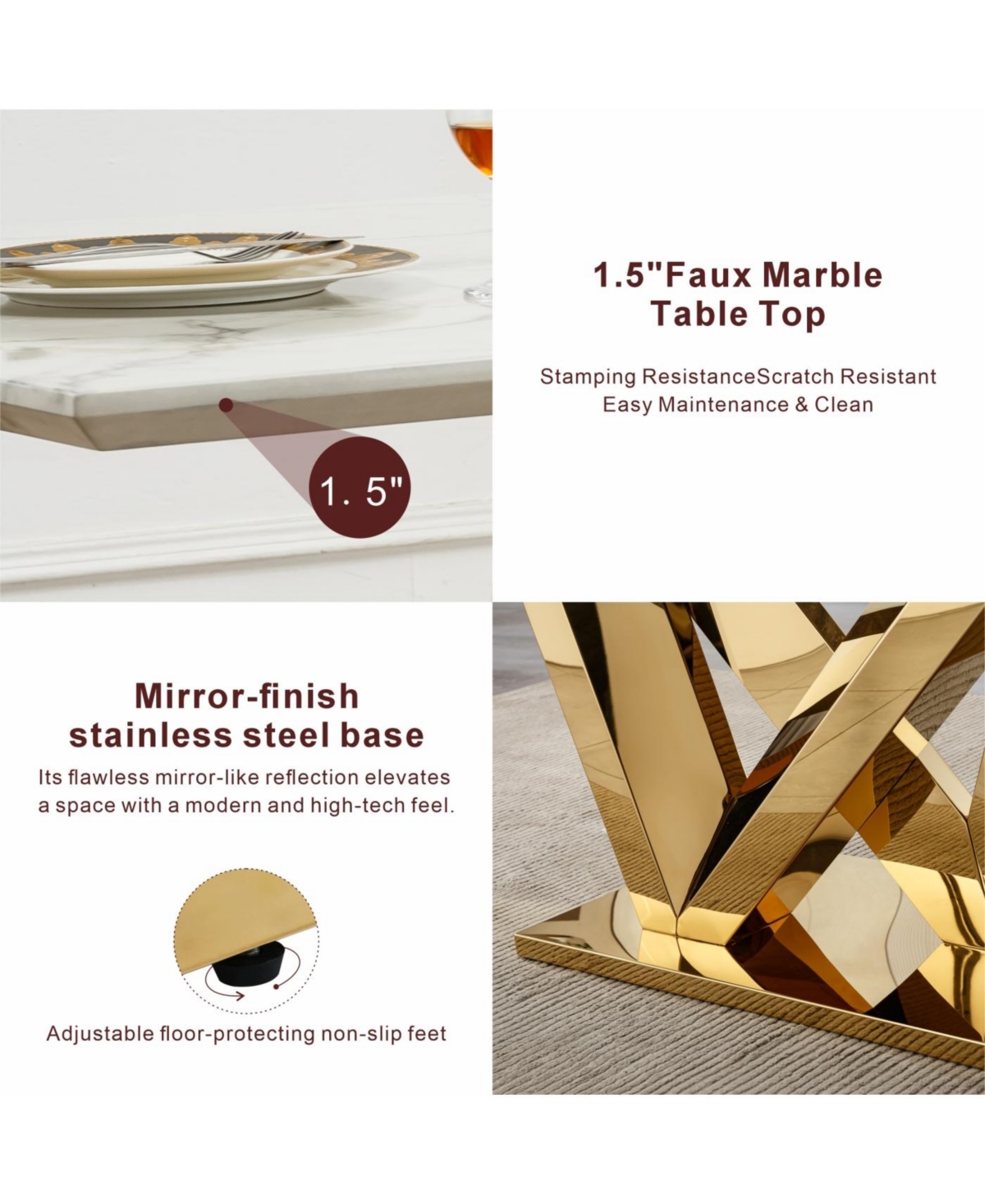 Streamdale Furniture Marble Dining Table for 6, 70" Faux Marble Rectangle Table with Gold Stainless Steel Base