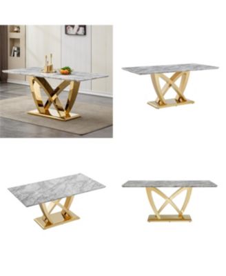Marble Dining Table for 6, 70" Rectangle Faux Marble w/ Mirrored Stainless Steel Base (Gold, Gray