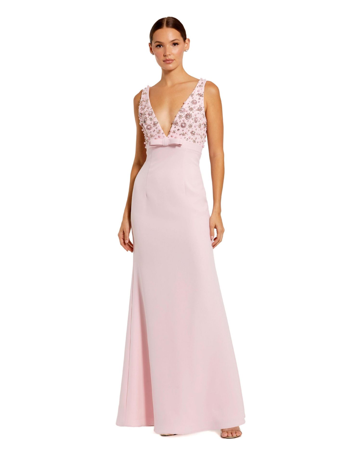 Women's Crepe Sleeveless Beaded V Neck Gown With Bow