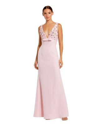 mac duggal bow-strap v-neck crepe fit & flare midi dress Pink Crepe A Line Midi Dress With Bow Straps main image 0