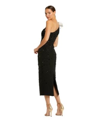Women's Beaded Crepe With Bow One Shoulder Midi Dress