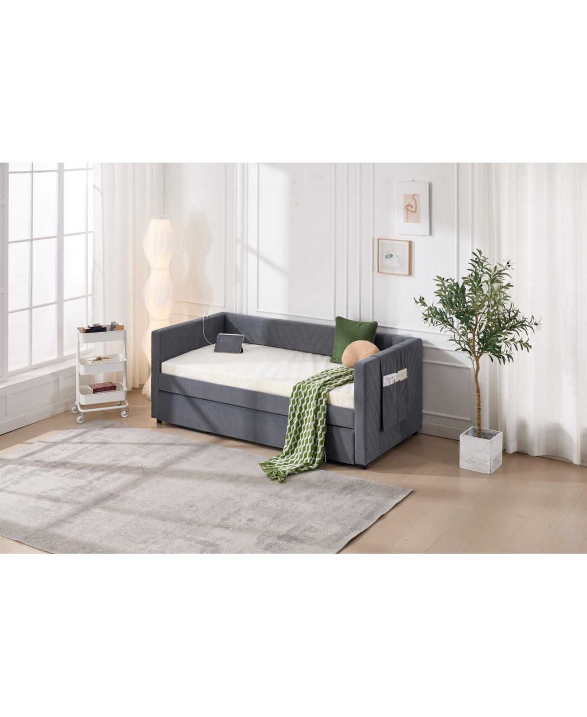 Streamdale Furniture Streamdale Twin Upholstered Daybed with Trundle, Usb, Side Pockets - Grey
