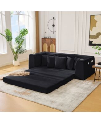 Corduroy Convertible Sofa Bed with 5 Pillows, Black
