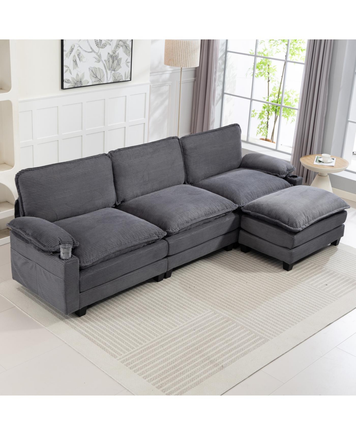 Streamdale FurnitureModern 3+1 L-Shaped Corduroy Sofa with Ottoman, Cloud Couch for Living Room.