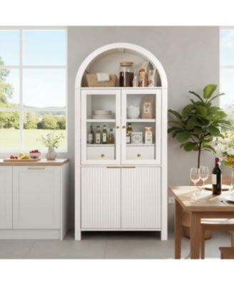 71" Fluted Tall Arched Pantry Cabinet with Hidden Drawer & Glass Door, White
