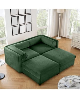 Stylish Green Chenille 2-Seater Sofa with 2 Ottoman Storage Seats