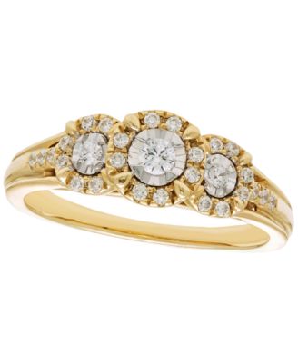 Diamond 3-Stone Halo Ring (1/4 ct. t.w.) in 10k Gold