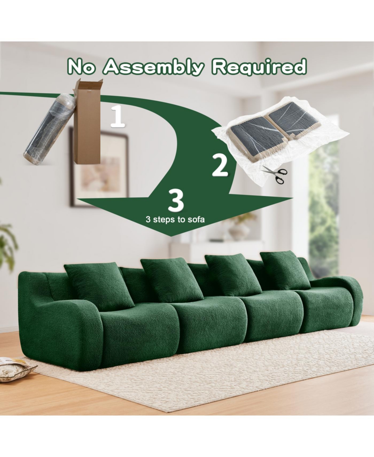 Streamdale Furniture 4-Seat Boneless Sofa, Teddy Fabric, No Assembly, Curved Armrest, Green